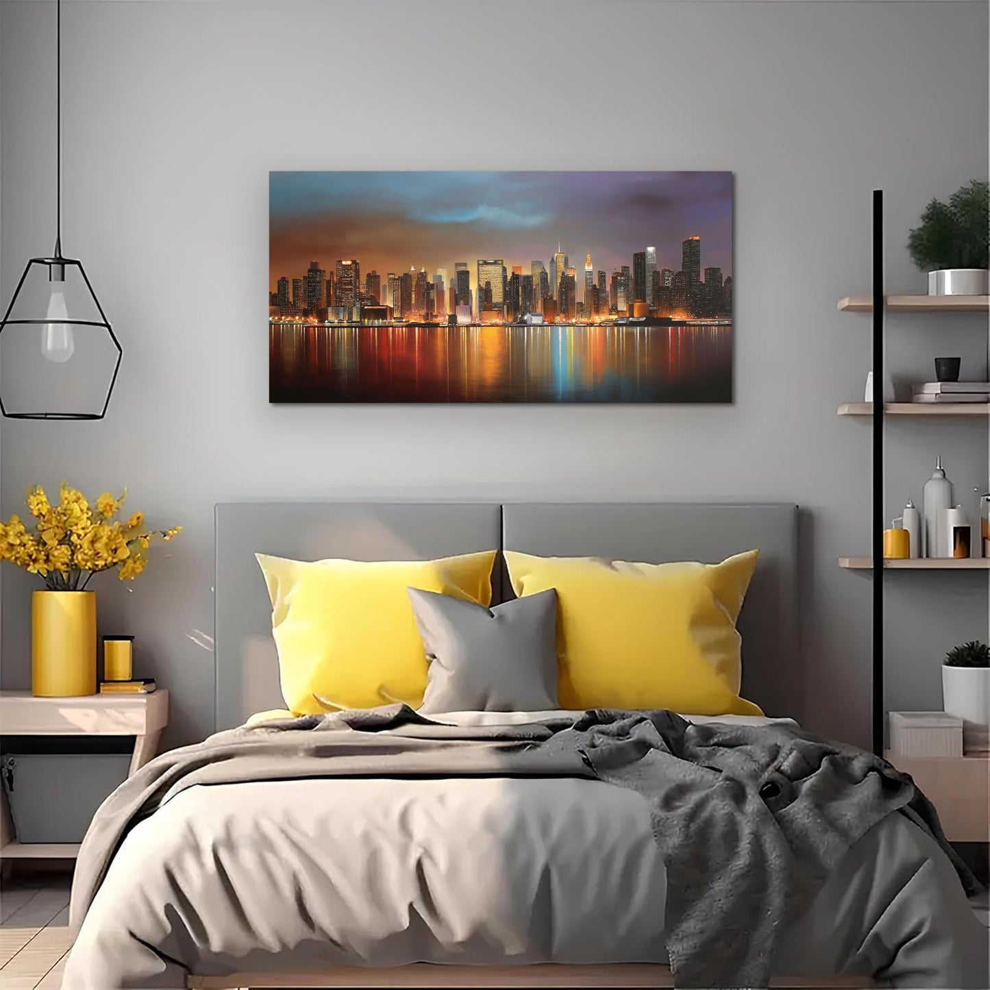 MMMSANSAT Modern New York City Canvas Wall Art for Living Room Manhattan Skyline Night View Artwork for Bedroom Office Canvas Print 20"x40"