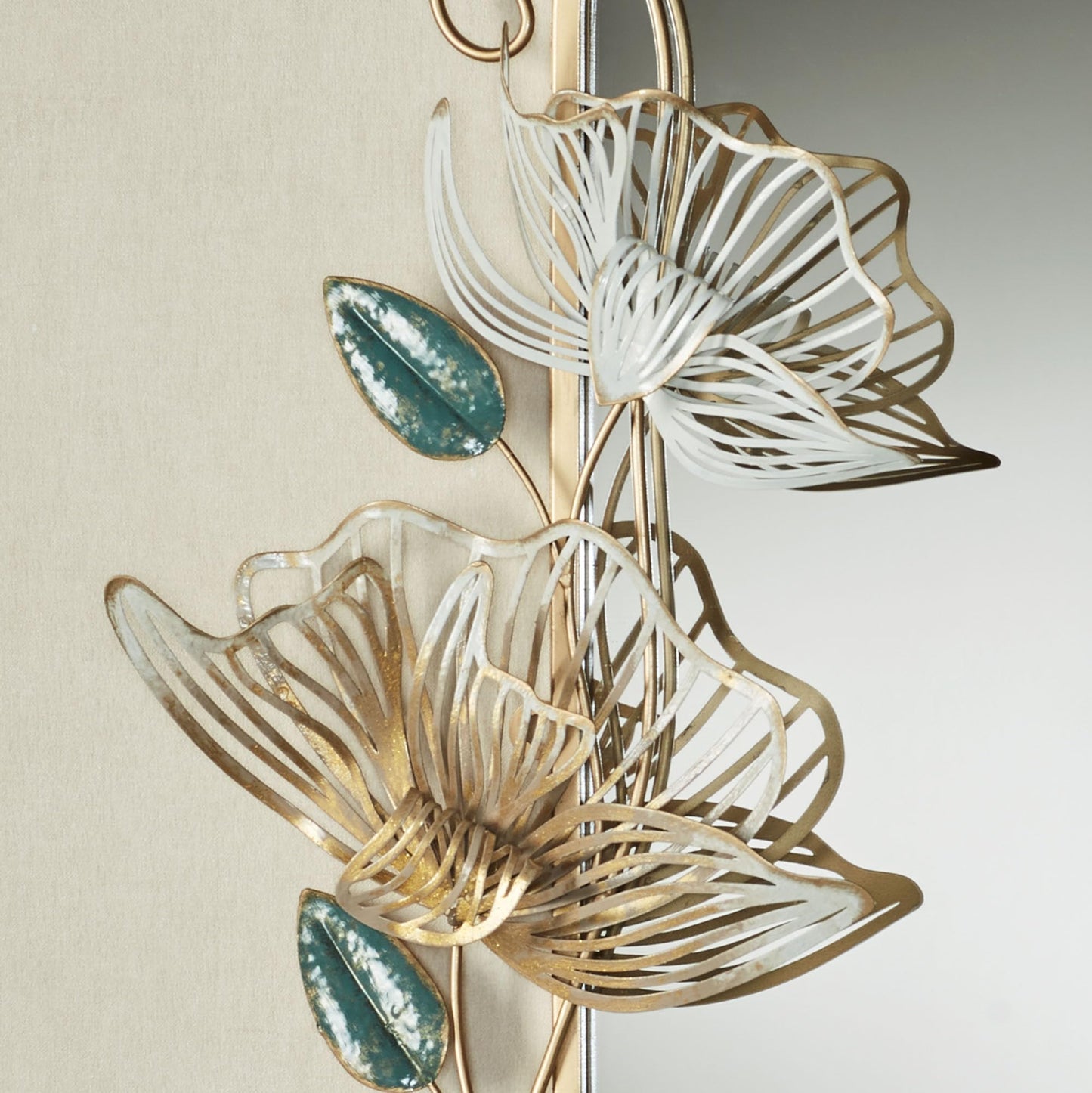 Floral Whisper Wall Mirror | Hand-Finished Metallic Gold with Ivory, Green, and Glitter Details | Rounded Corner Rectangular Panel Wall-Mounted Mirror | Openwork, Layered Flower Blossoms and Leaves