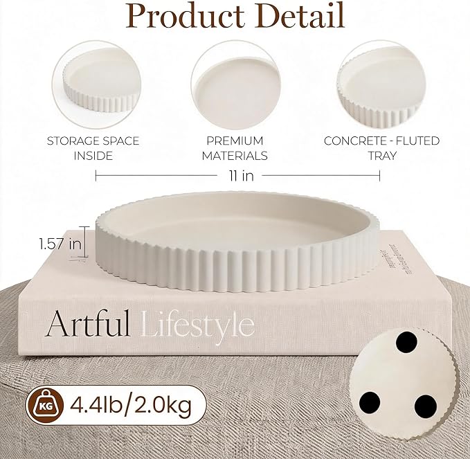 Round Decorative Trays & Coffee Table Tray, 11 Inch Fluted Coffee Table Centerpiece Decor, No Slip Modern Circle Concrete Organizer for Living Room, Console, Kitchen Island, Dresser