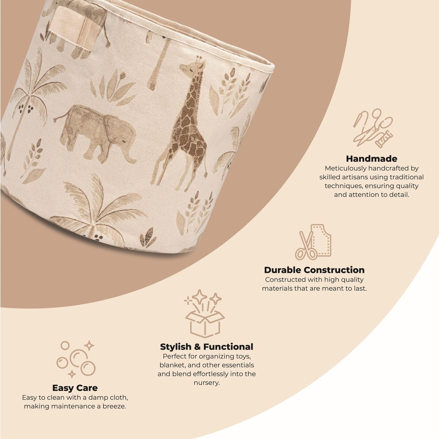Crane Baby Fabric Round Nursery Storage Basket, Toy Storage, Safari Animal, 13"x12", Toy Basket, Baby Storage Organizer, Toy Organizers and Storage Bins, Baby Organizers and Storage, Toy Bins