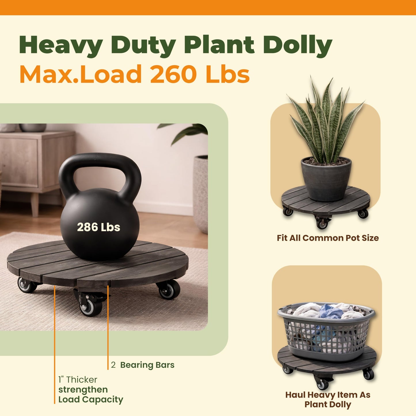 Jurax 14 Inch Wood Plant Caddy with Wheels – Heavy Duty Plant Dolly Holds Up to 286 lbs, 360° Lockable Casters, Rolling Plant Stand Indoor Outdoor for Large Pots – 2 Packs, Round-Rustic