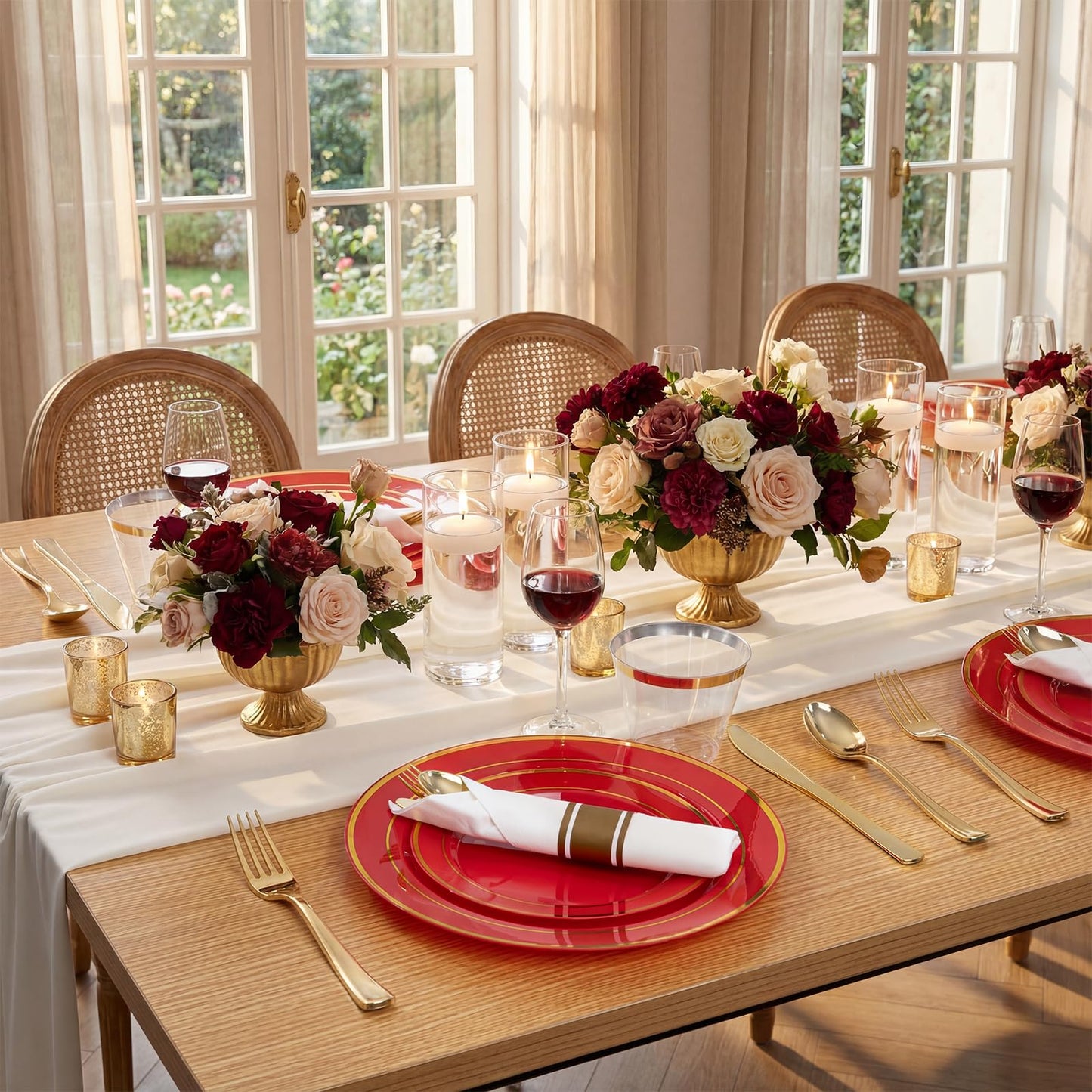 WDF Partyware 350Pieces Red Plastic Plates with Gold Rim Include 50Dinner Plate 10inch 50Dessert Plate 7inch 50 gold Cups 9 OZ, 50 Pre Rolled Napkins for Party/Baby Shower/Wedding/Spring/Mother's Day