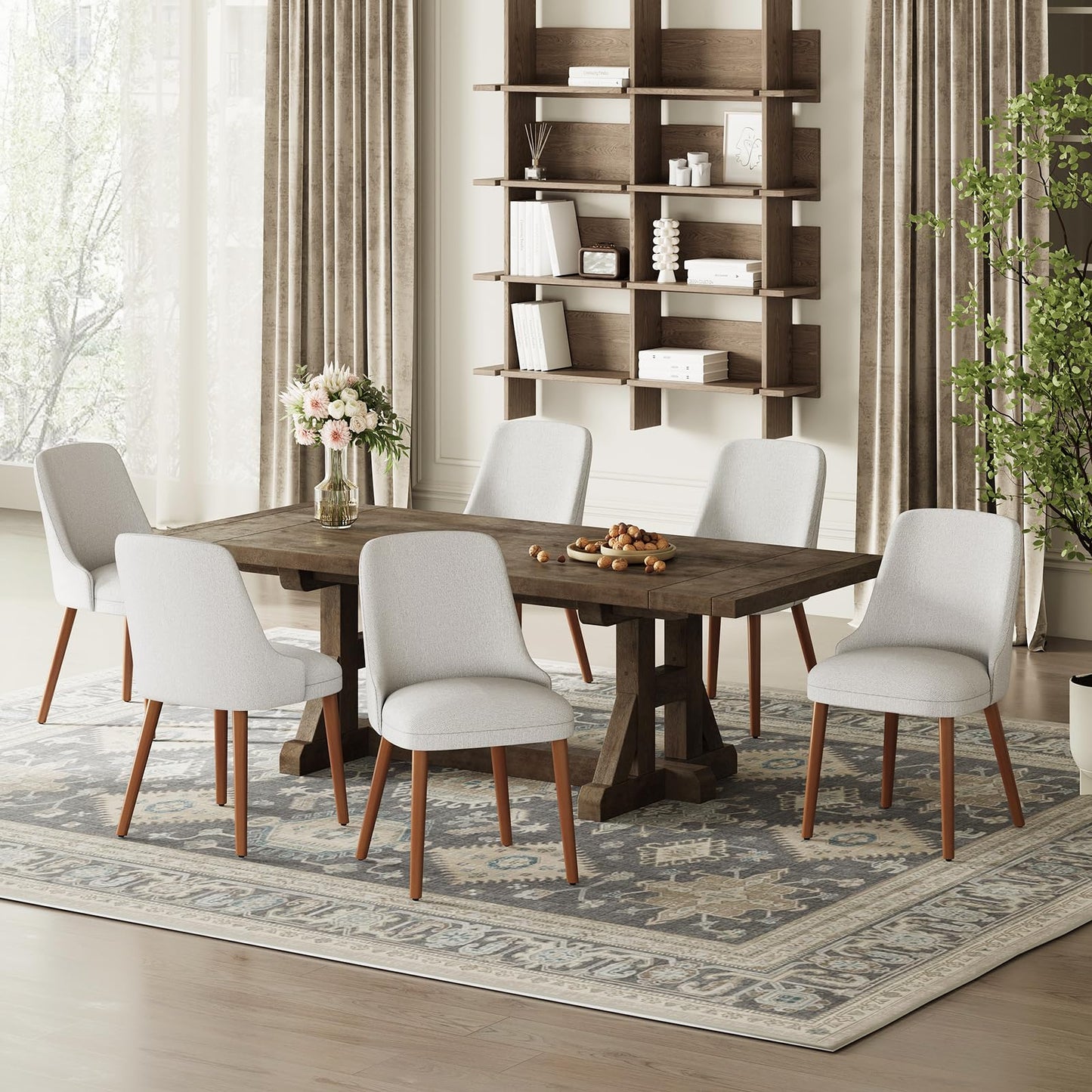 MALOL Dining Chairs Set of 6, Upholstered Dining Room Chair with Wood Legs, High-Back Padded Kitchen Chairs for Dining Room/Restaurant/Cafe, Light Grey