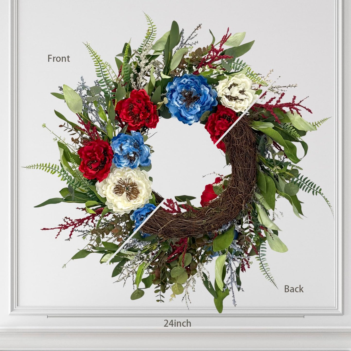 24 Inch Patriotic Wreaths for Front Door, 4th of July Wreaths for Front Door, Peony Eucalyptus Patriotic Summer Flag Wreath Handcrafted Memorial Day Artificial Flowers Wreath for Indoor and Outdoor