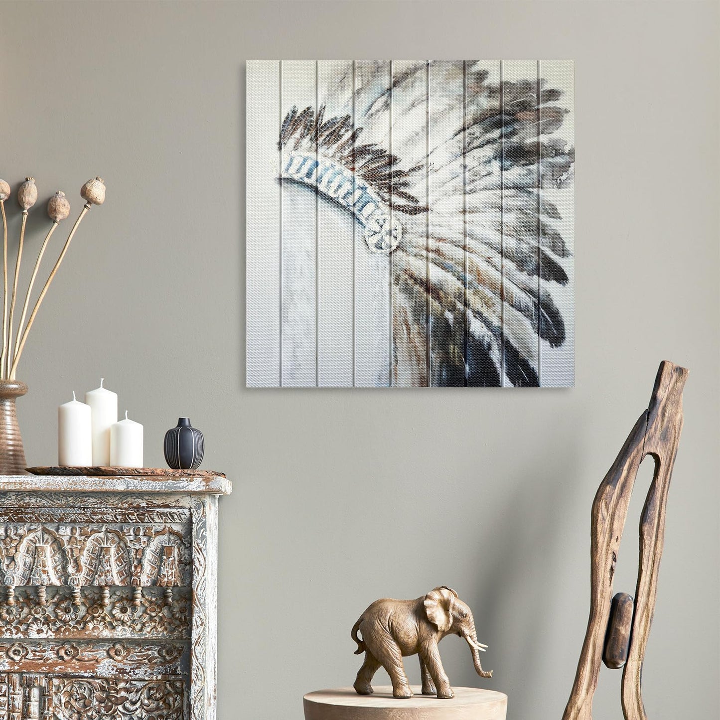 llribbons Feather Headdress Ribbon Wall Art Boho Wall Decor Handmade Ribbon Canvas Painting Modern 3D Woven Unique Textured Prints for Living Room Bedroom Bathroom Office Kitchen Home Decor 20" x 20"