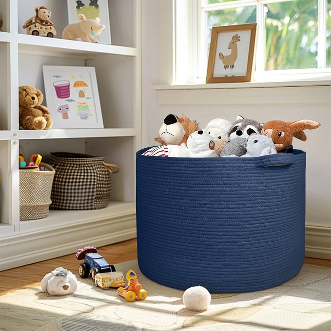 MEGASKET 115L Dark Blue Basket for Organizing, 23.6" x 15.7" XXXL Woven Cotton Rope Laundry Basket, Oversized Blanket Storage for Living Room Bedroom, Kids Toy Box Organizer, Pool Towel Storage Bin