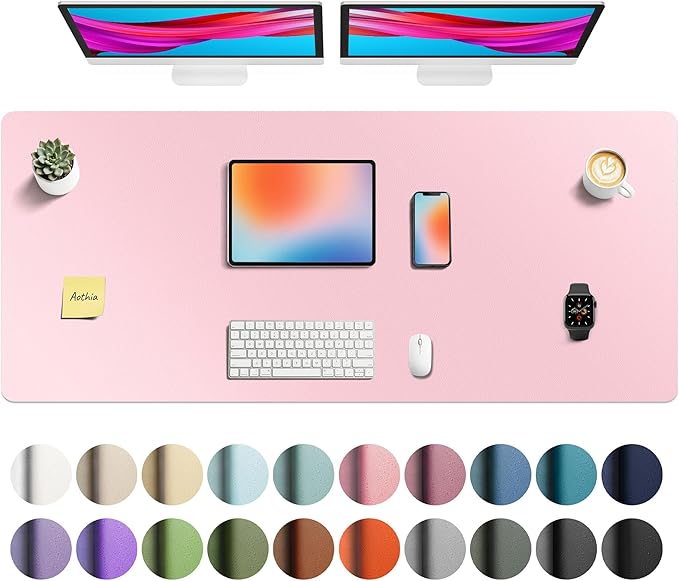 Aothia Faux Leather Desk Mat - Non-Slip PU Leather Desk Blotter, Waterproof Writing Surface, Large Desk Pad for Office & Home (Fairy Pink, 55" x 24")