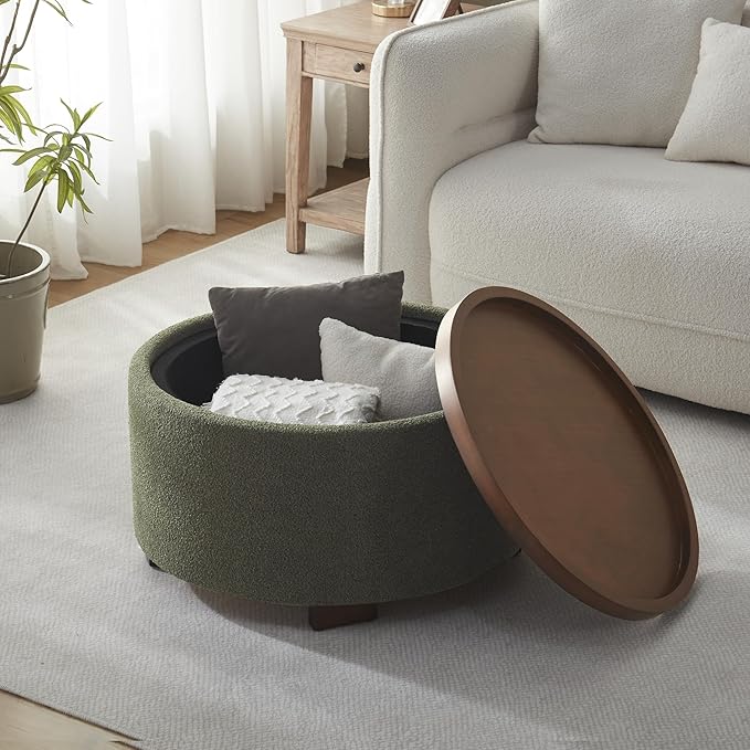 Zihanhome 30 Inch Round Storage Ottoman Coffee Table, Modern Boucle Ottoman with Lift-Off Lid and Solid Wood Legs for Living Room, Bedroom, Corners, Apartments (Green)