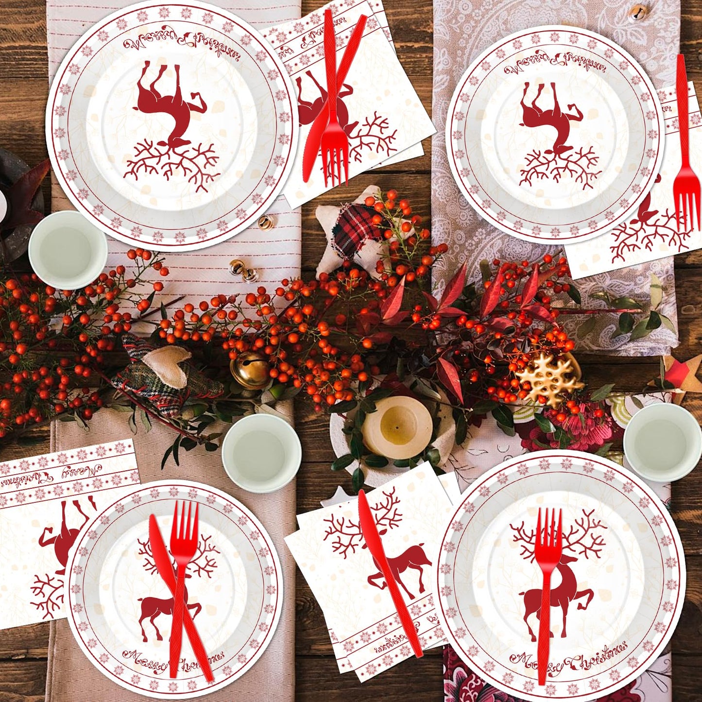 Xionpe 140-Pc Christmas Disposable Tableware Set for 20 Guests - Reindeer Themed Party Supplies with Dinner Plates, Dessert Plates, Napkins, Cups, Forks, Knives & Spoons