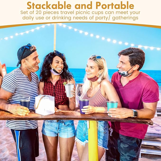 Mimorou 20 Pack 16 oz Stainless Steel Pint Cups Metal Cups Unbreakable Drinking Water Tumblers Stackable Tumbler for Adults Bar Home Restaurant Travel Picnic Camping Outdoor (Colorful)