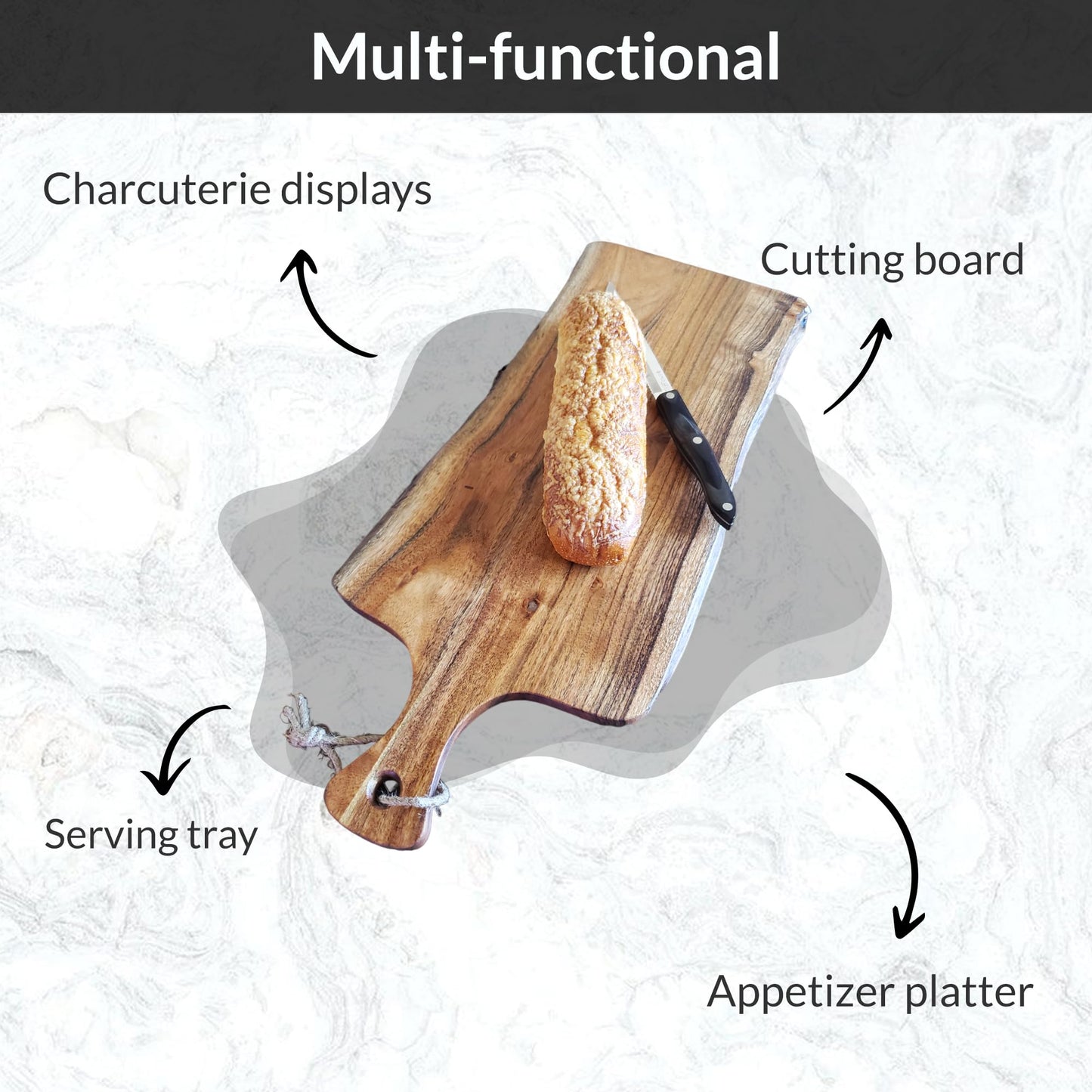 Acacia Charcuterie Board with Natural Live Edge & Handle - Wood Cheese Board - Decorative Wooden Serving & Cutting Board - Housewarming, Mothers Day, New Home & Wedding Gifts (XL - 24” x 10”)