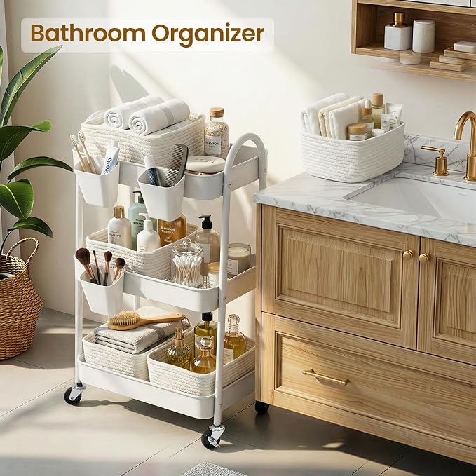 3-Tier Rolling Utility Cart with 4 Woven Baskets, Diaper Book Snack Cart, Storage Organizer for Nursery, Kitchen, Craft Room, Home SPA, Living Room, Metal Frame Trolley on Lockable Wheels, White