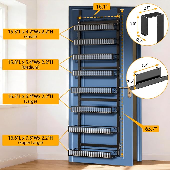 Over the Door Pantry Organizer 8 Tier Hanging Door or Wall Mounted Spice Rack with Adjustable Acylic Basket,Heavy Duty Metal Seasoning Storage Shelf for Kitchen Pantry and Bathroom