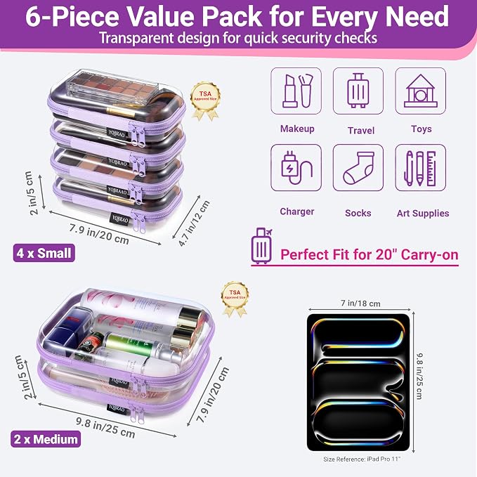 6 Pack Purple Clear Hard Shell Beauty Organizer (2M+4S), 1.2mm Heavy Duty Crush-Proof Cosmetic Case, Reinforced YKK Zippers, Stadium Approved Security Bag for Skincare & Electronics, Multi-Size Set