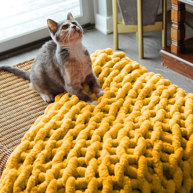 Adyrescia Chunky Knit Blanket Throw | 100% Hand Knit with Jumbo Chenille Yarn (40"x50", Harvest Yellow)