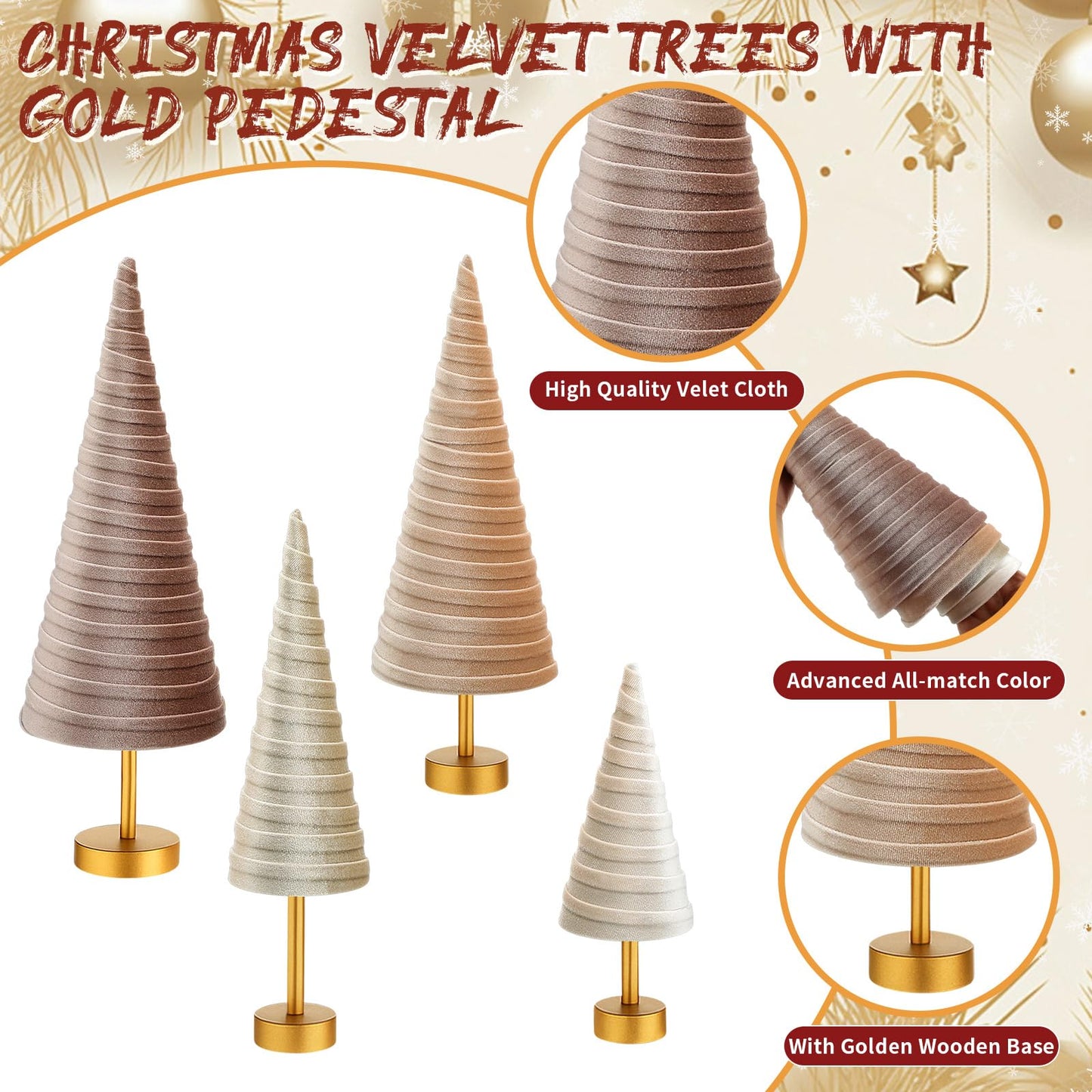 Hoolerry 4 Pcs Christmas Velvet Trees with Gold Pedestal Modern Rustic Christmas Velvet Cone Trees Minimalist for Mantel Table Centerpiece Entryway Home Winter Holiday Wedding Decor(Nude Tone)