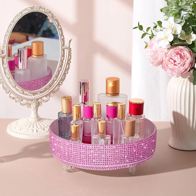 Honeydak Pink Bling Perfume Makeup Organizer Bling Mother's Day Nurses Day Gifts for Women Bathroom Organizers and Storage 360 Rotating Makeup Organizer for Countertop(Resin Stone)
