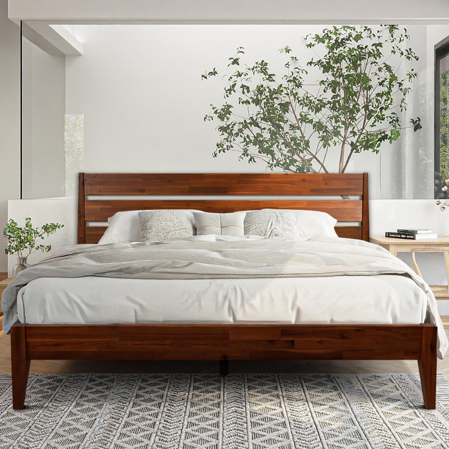 Acacia Emery Bed Frame with Headboard Solid Wood Platform Bed, King Size Bed Frame, Mid - Century Modern Wood Bed Compatible with All Mattresses, Easy Assembly, Non-Slip, Chocolate.
