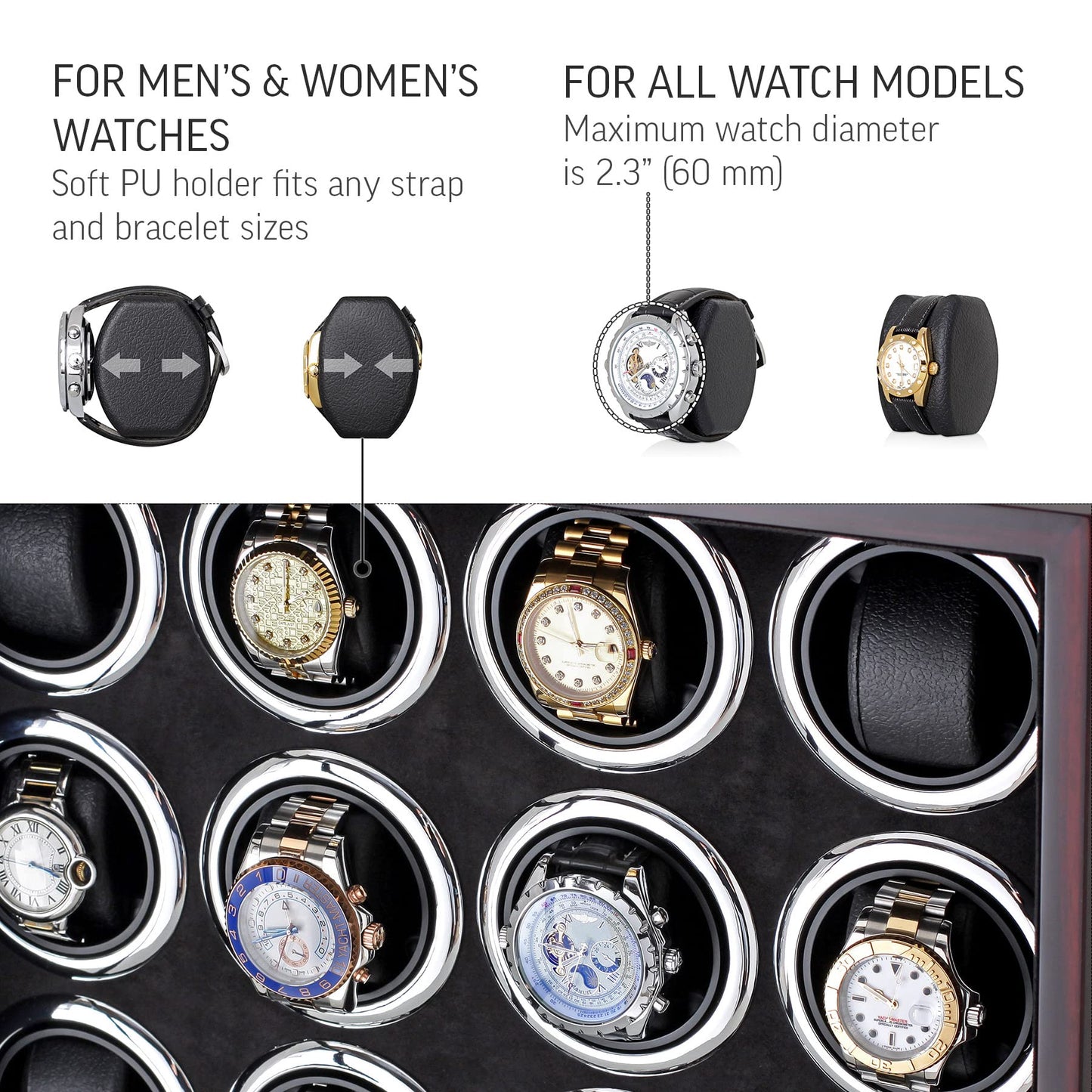 16 Watch Winder for Automatic Watches with LED Light and Coordinated Rotor Stop (Ebony)