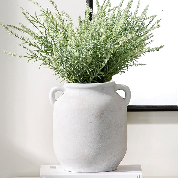 Ceramic Flower Vase Home Decor - Farmhouse Rustic White Table Vases with Handle Living Room Decoration Decorative Vintage Pottery for Kitchen Shelf Coffee Dining Desk Bookshelf Fireplace (7.6" Rustic)