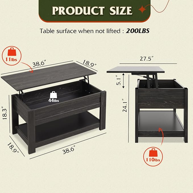 WLIVE Coffee Table, 39" Lift Top Coffee Table with Hidden Compartment and Storage Shelf for Living Room, Espresso