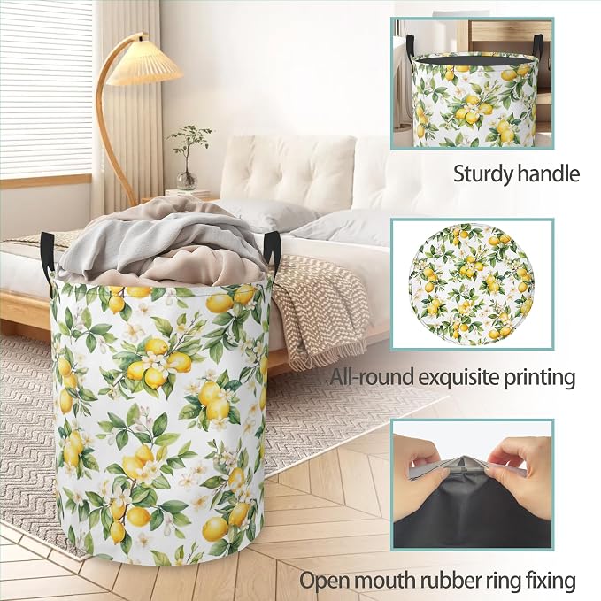 Laundry Basket With Handle, Dirty Clothes Laundry Hamper, Oxford Cloth Bin Storage Organizer for Toy Collection (Lemon Summer)