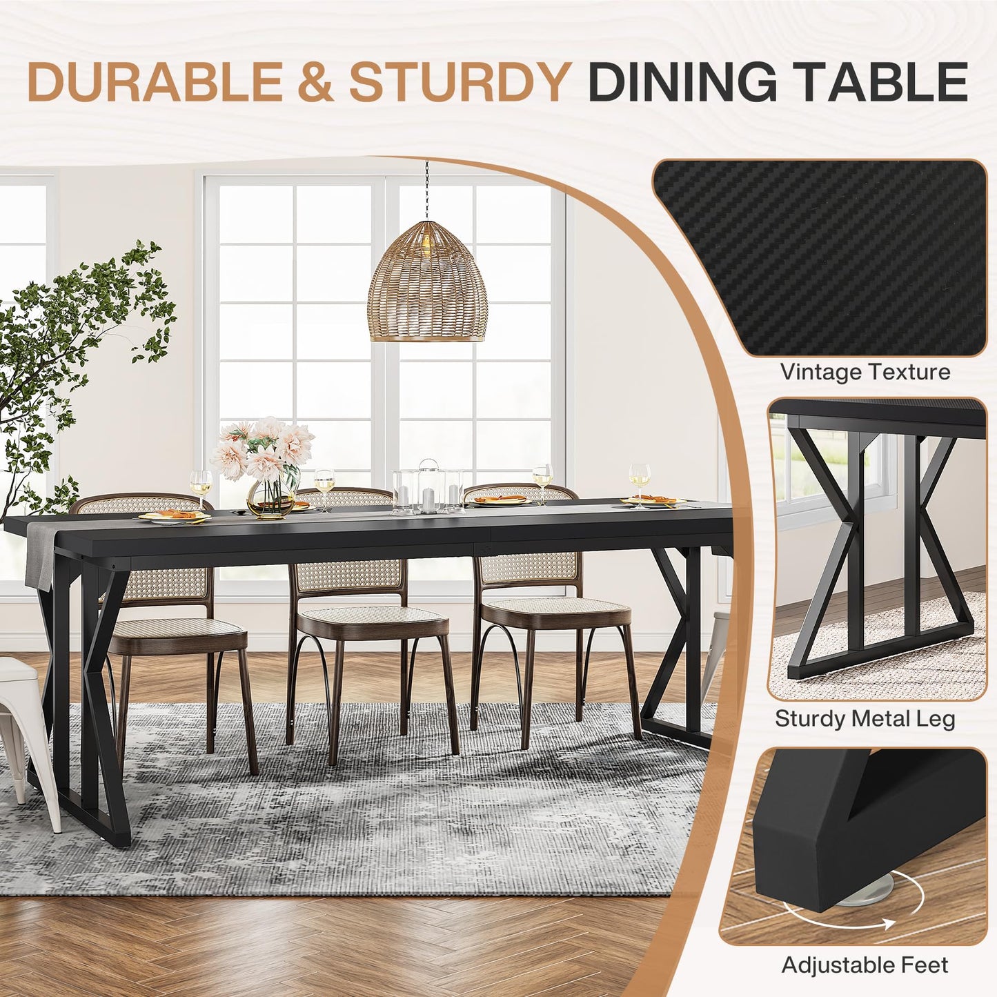 Tribesigns Farmhouse Dining Table for 6 People, 70.8-Inch Rectangular Wood Dining Table, Rustic Kitchen Table with Heavy Duty Metal Legs for Dining Room (Matte Black, 70.8-Inch)