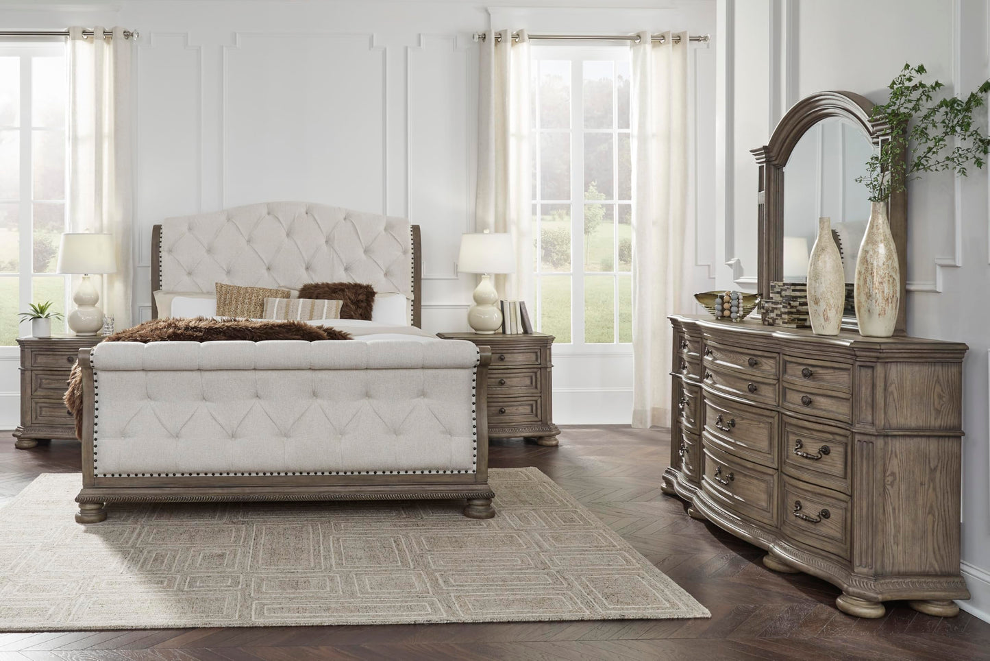 Signature Design by Ashley Ardenfield Traditional Nine-Drawer Dresser with Dovetail Construction, Top Drawers Felt Lined, Metal Hardware, Wood, Light Brown