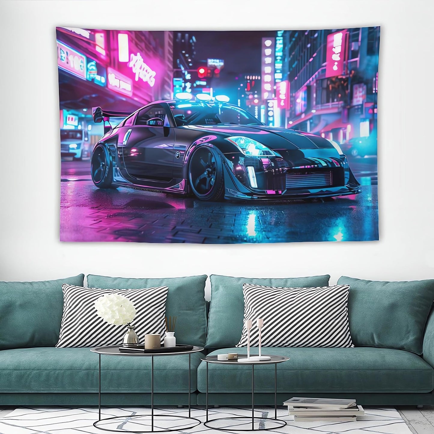 ANMOGID Neon Car Tapestry Wall Hanging Retro 350Z Street Tapestry Wall Hanging Aesthetic Decoration For Bedroom Living Room Wall Art Tapestries 60" x 40"