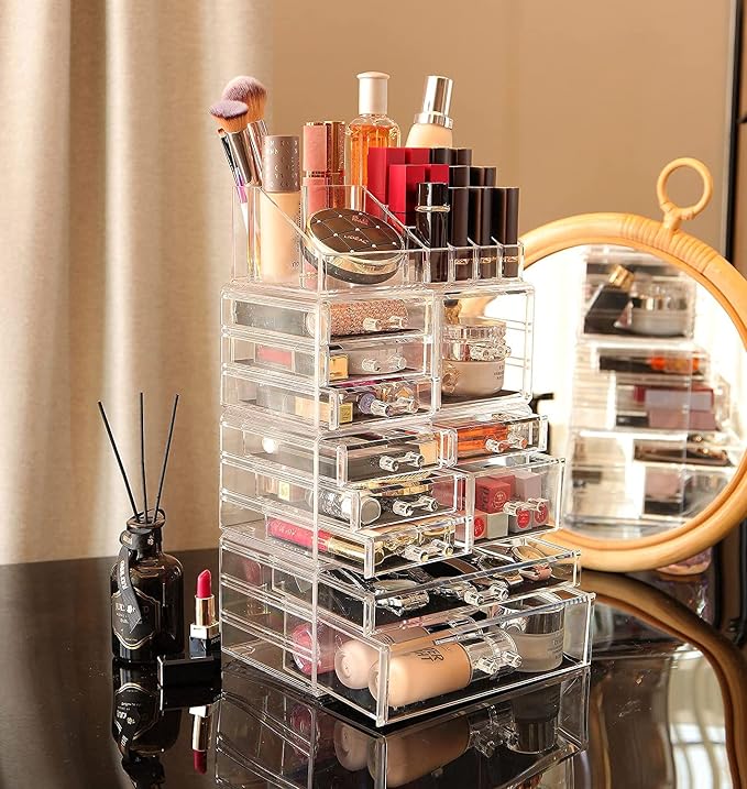 Cq acrylic Makeup Organizer Skin Care Large Clear Cosmetic Display Cases Stackable Storage Box With 11 Drawers For Vanity,Set of 4