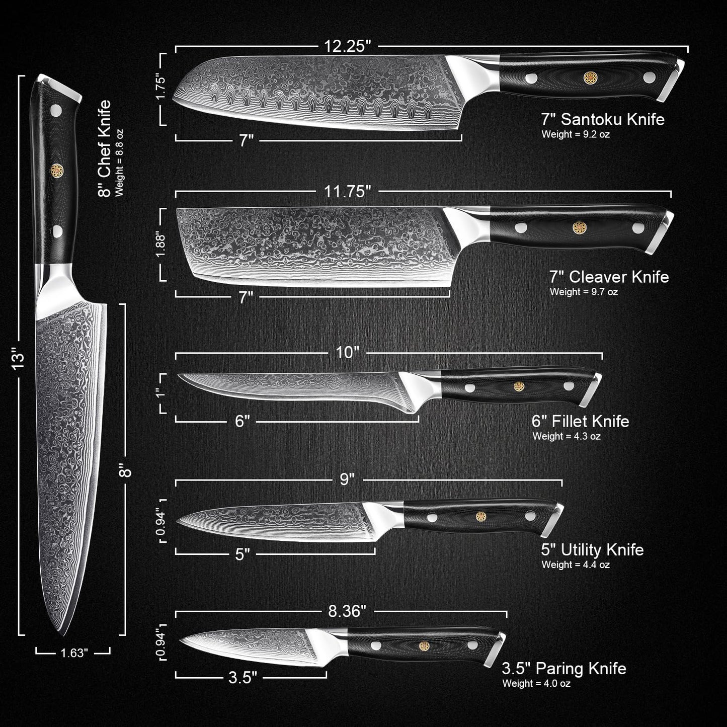 SENKEN 6-Piece Damascus Steel Kitchen Knife Set - Shogun Collection - 67-Layer Japanese VG10 Steel - Chef's Knife, Cleaver Knife, & More, Extremely Sharp Blades for Effortless Cutting, Luxury Gift Box