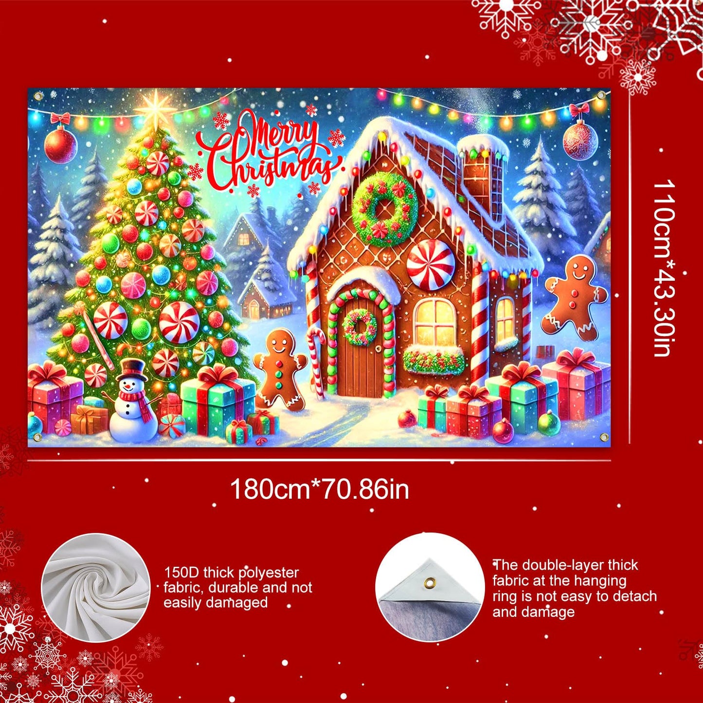 BlissYard Gingerbread Christmas Backdrop 71x43 Inches Snowman Tree Scene Banner Holiday Photography Background Indoor Outdoor Merry Christmas Decoration for Wall Party Display