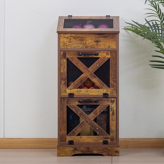 Potato Storage Bin Wooden Bread Box, Mid Century Modern Vegetable Storage Box with Lid, Farmhouse Potato and Onion Storage Cabinet for Kitchen,Brown