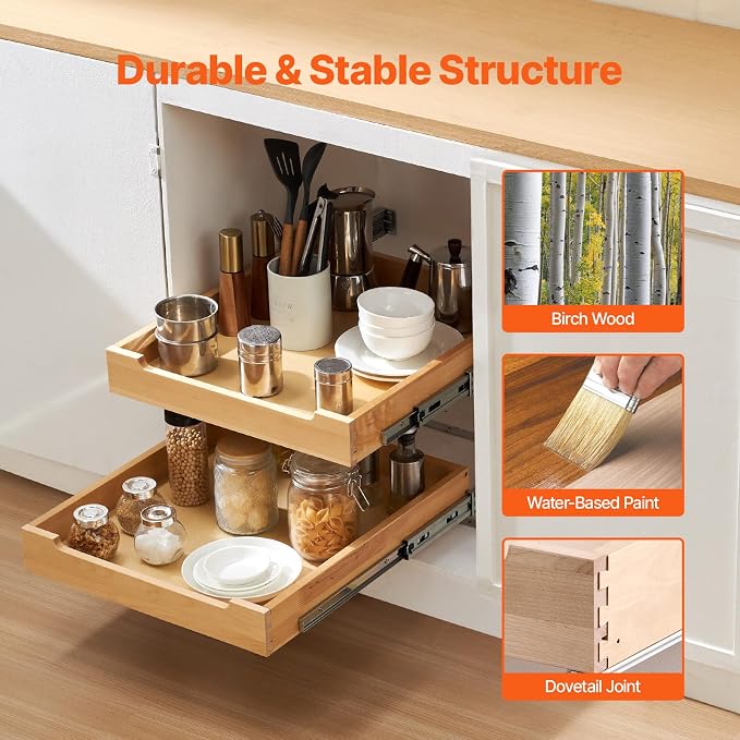VEVOR 2 Tier Pull Out Cabinet Organizer, 20" W x 21" D Cabinet Drawer, Soft Close Slide out Shelf, Heavy-Duty Sliding Wood Drawer, Adjustable Base Cabinet Organization for Kitchen Pantry Bathroom
