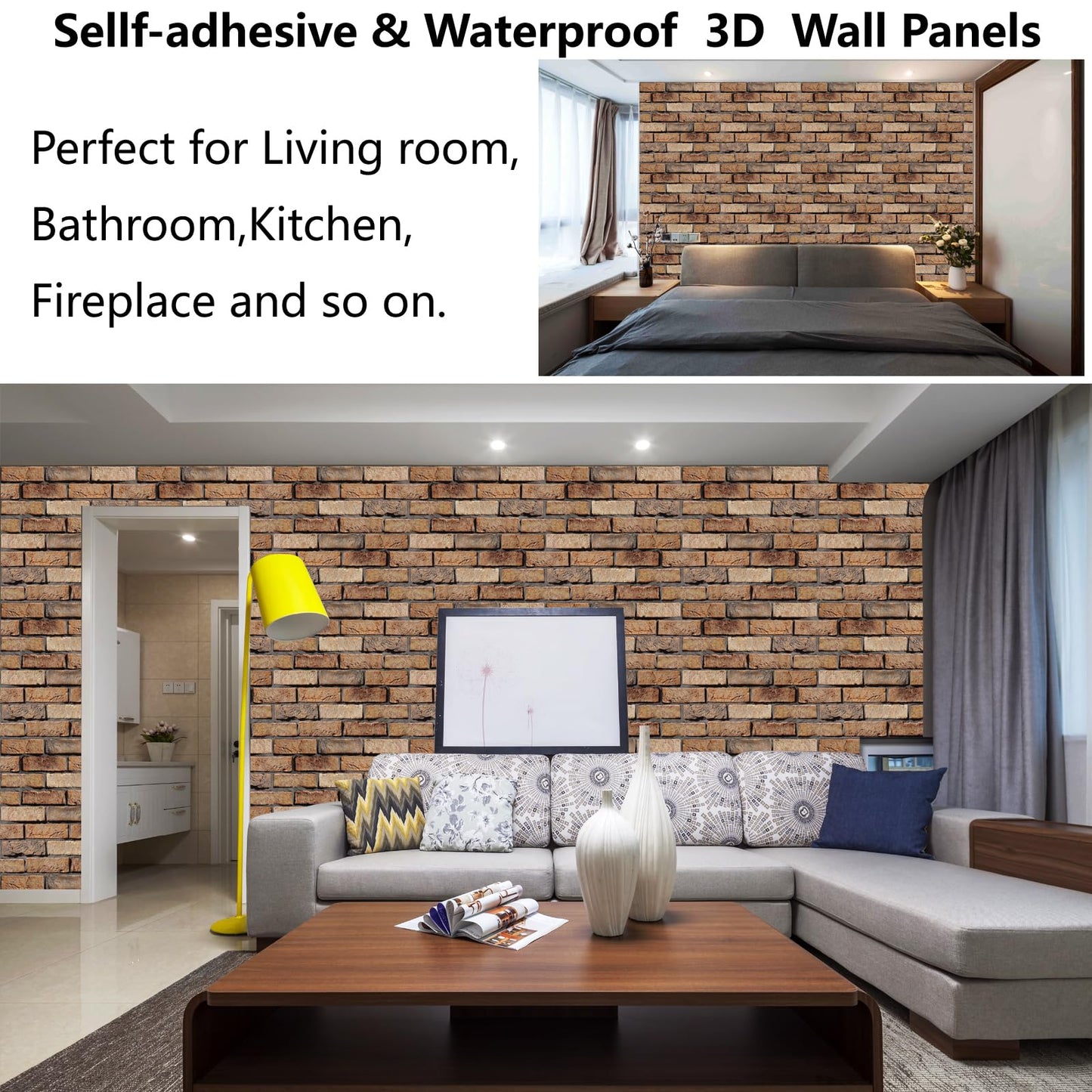 Veczom 3D Brick Wall Panels Peel and Stick,10 Pack Self-Adhesive PVC Wall Tiles, Waterproof Textured Decor for Living Room, Kitchen, Bedroom, Office Accent (4Lines Seamless Brown Stone)