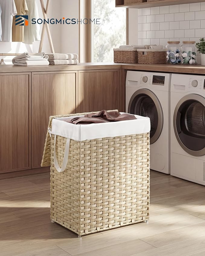 SONGMICS HOME Laundry Hamper with Lid, Clothes Basket with Removable Liner and Handles, 23.8 Gallon, Foldable Narrow Laundry Organizer for Bathroom, Bedroom, Sand