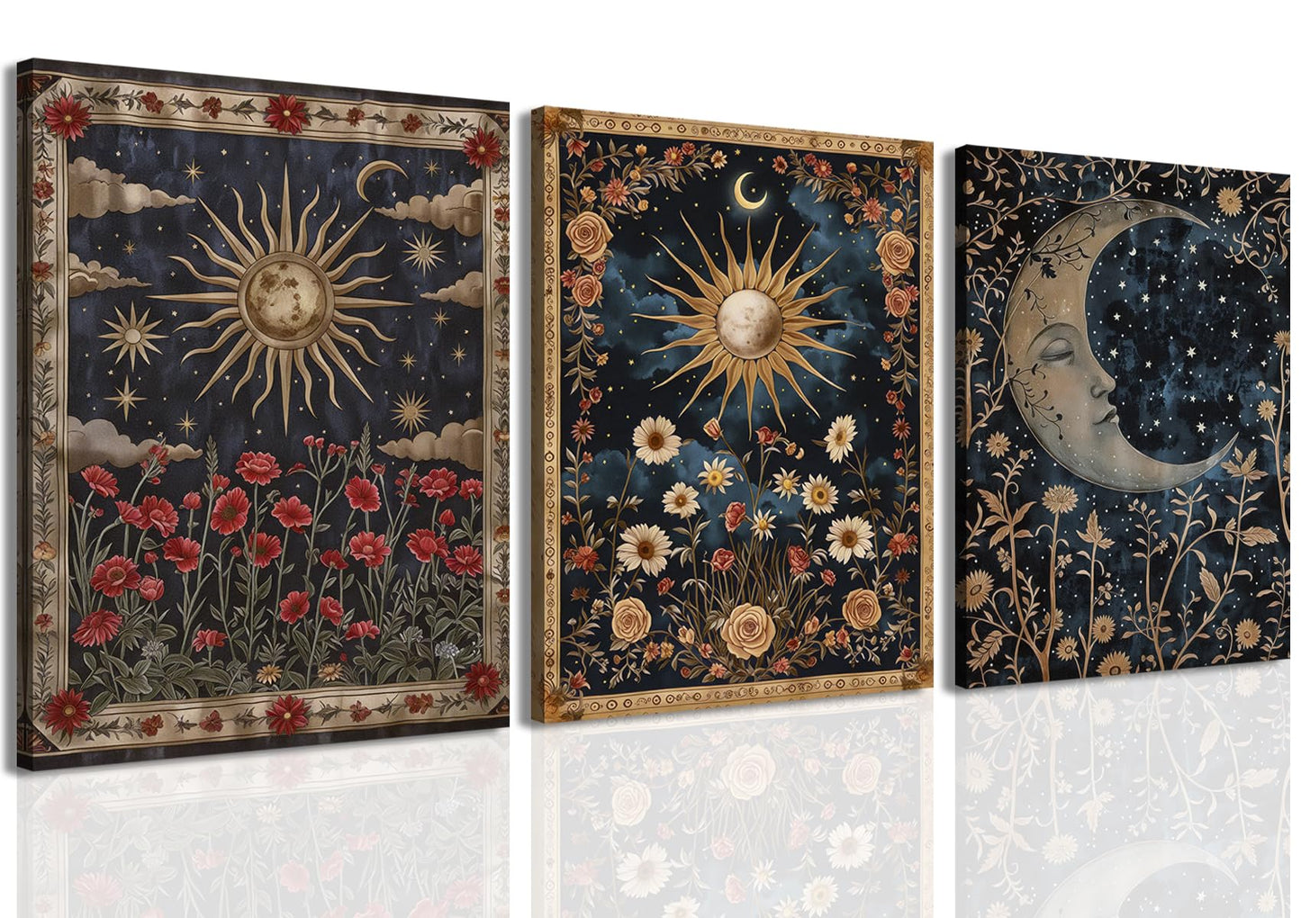 Dark Sun and Moon Celestial Wall Art Spiritual Gothic Tarot Wall Decor Painting Witchy Astrology Mystical Poster Canvas Prints Artwork for Bedroom Living Room 12x16 inch Framed