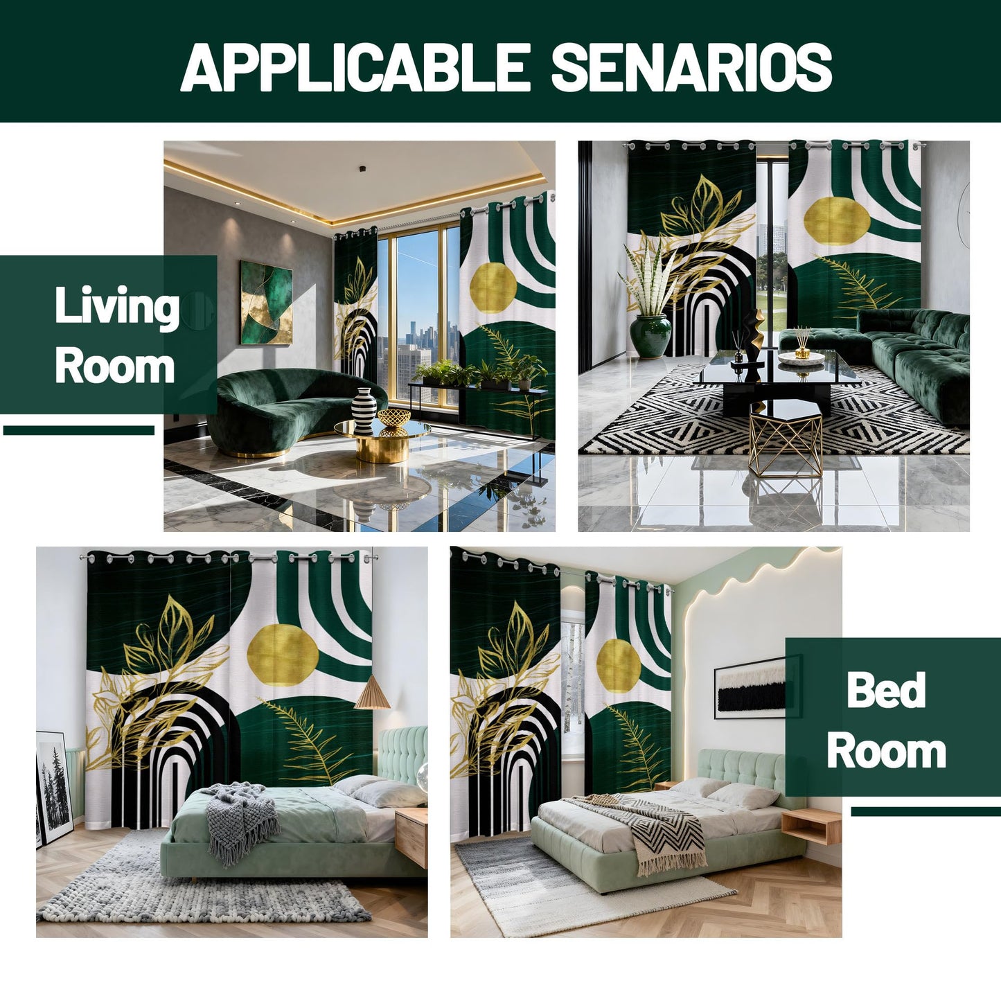 soeeao Mid Century Modern Hunter Green Blackout Curtains Boho, Bohemian MCM Black Emerald Dark Green and Gold Window Drapes for Bedroom Living Room, 84 inch Length 2 Panels Set, 52x84 inch