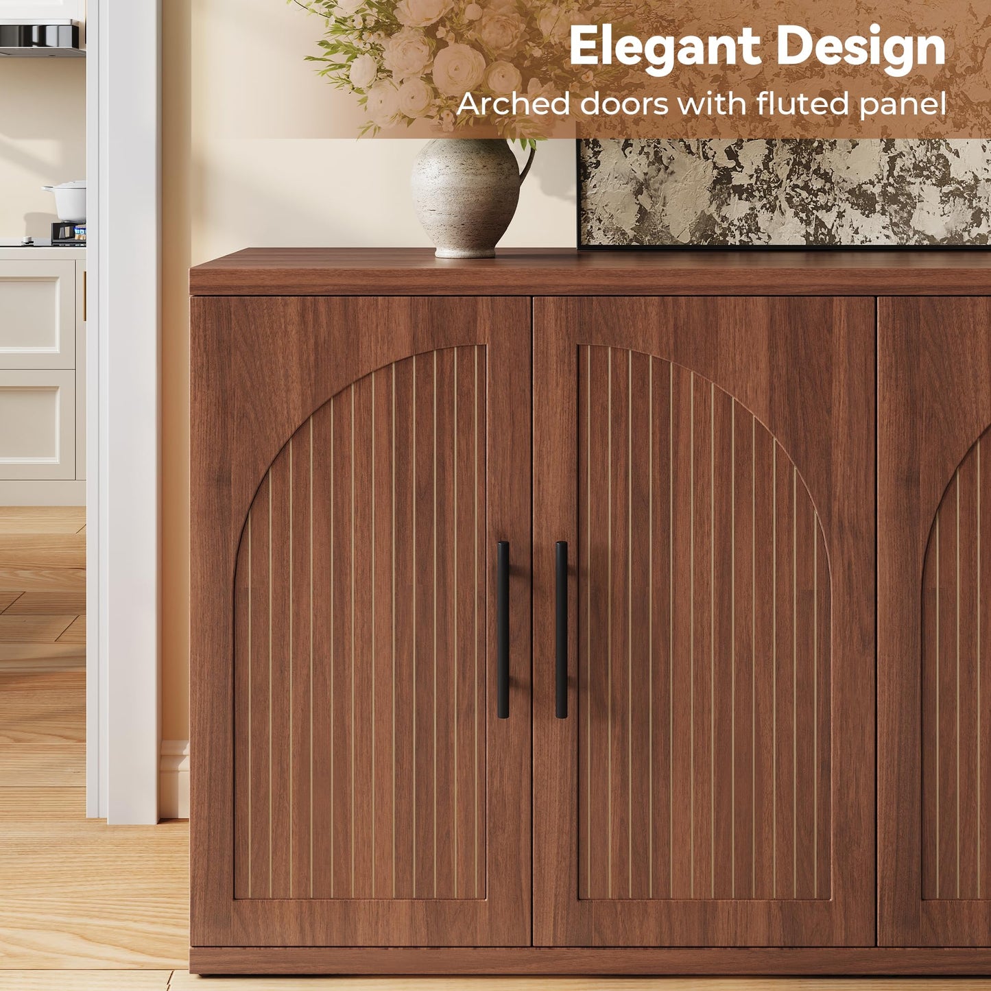 MapleGrace 63" Fluted Buffet Cabinet with Storage, Mid-Century Symmetrical Arched Sideboard Credenza with Adjustable Shelf, Large Wood Console Table for Dining Room, Kitchen, and Living Room (Walnut)