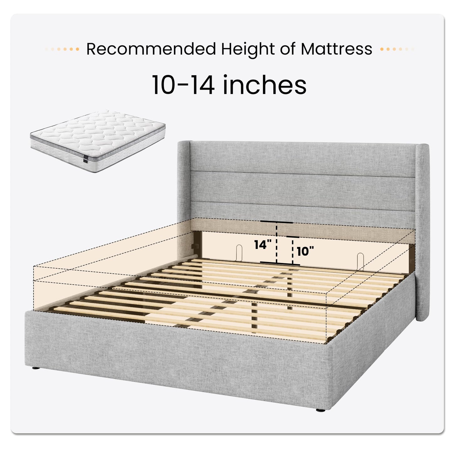 SHA CERLIN Queen Size Lift Up Storage Bed/Modern Wingback Headboard/Upholstered Platform Bed Frame/Hydraulic Storage/No Box Spring Needed/Wood Slats Support/Light Grey