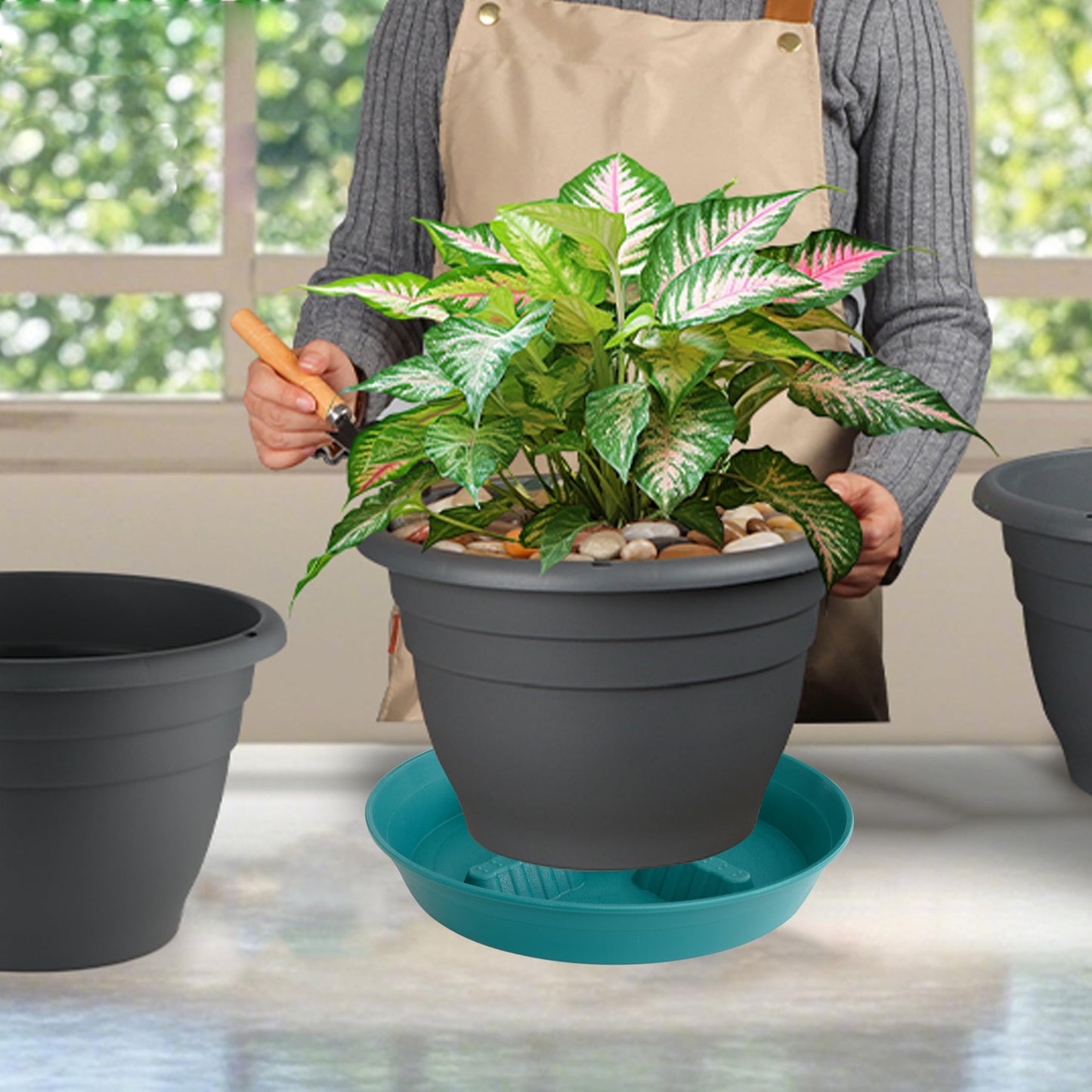 Feyvdzv 4 Pack Plant Saucer 10 inch, 8 12 14 17 inch, Plant Stand Plastic Plant Saucers for Indoors Outdoor, Heavy Duty Flower Plant Risers for Inside Pots, Pot Saucers for Plants, Grow Bags Saucers