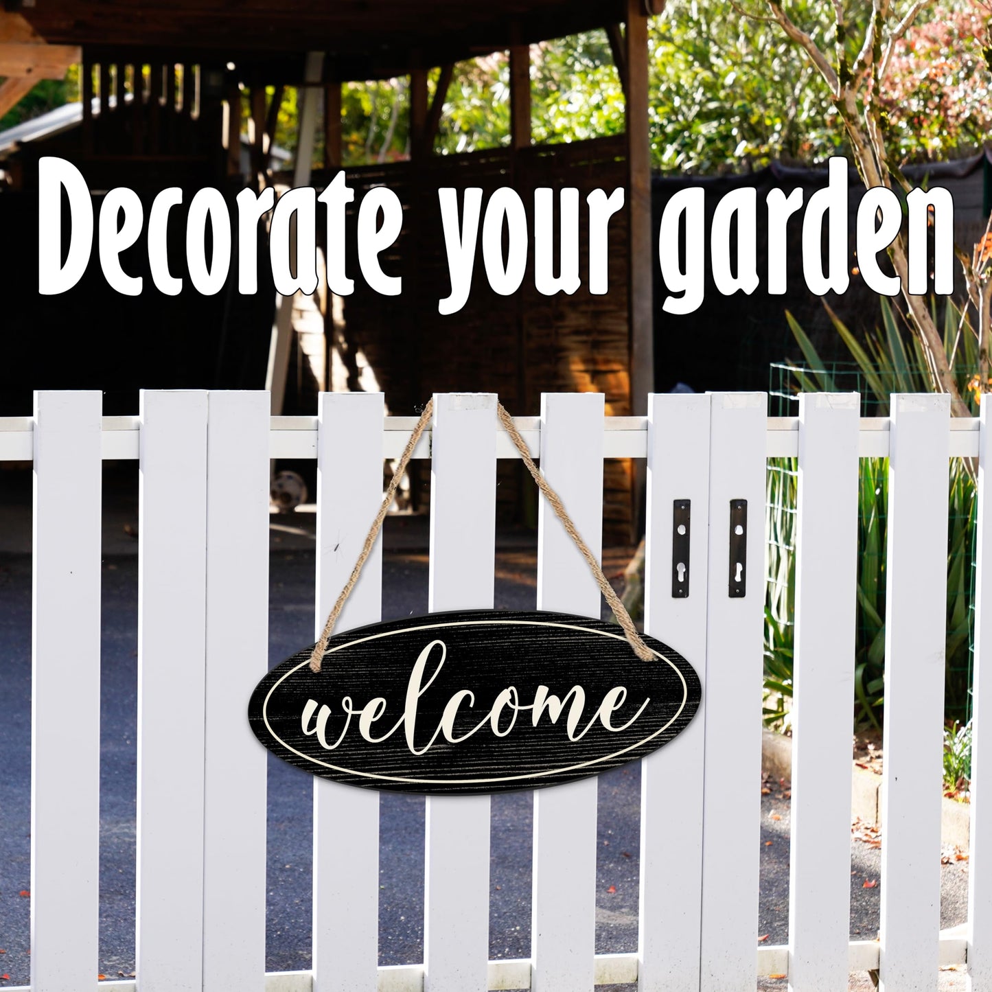 Welcome Sign - 4"X10“ Oval Wooden Hanging Sign With Sisal Ropes, Home & Office, Front Door Yard Sign, Indoor Outdoor Wall Decor & Accessories (Black & White) - B03