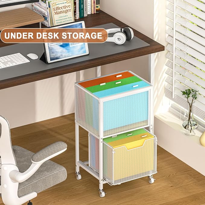 Tiaoheka Rolling File Cart, Mobile File Cabinet with Wheels Hanging Files, Hanging File Organizer Fit Letter/Legal Size Beside Under Desk for Office, Home White（Patent Pending）