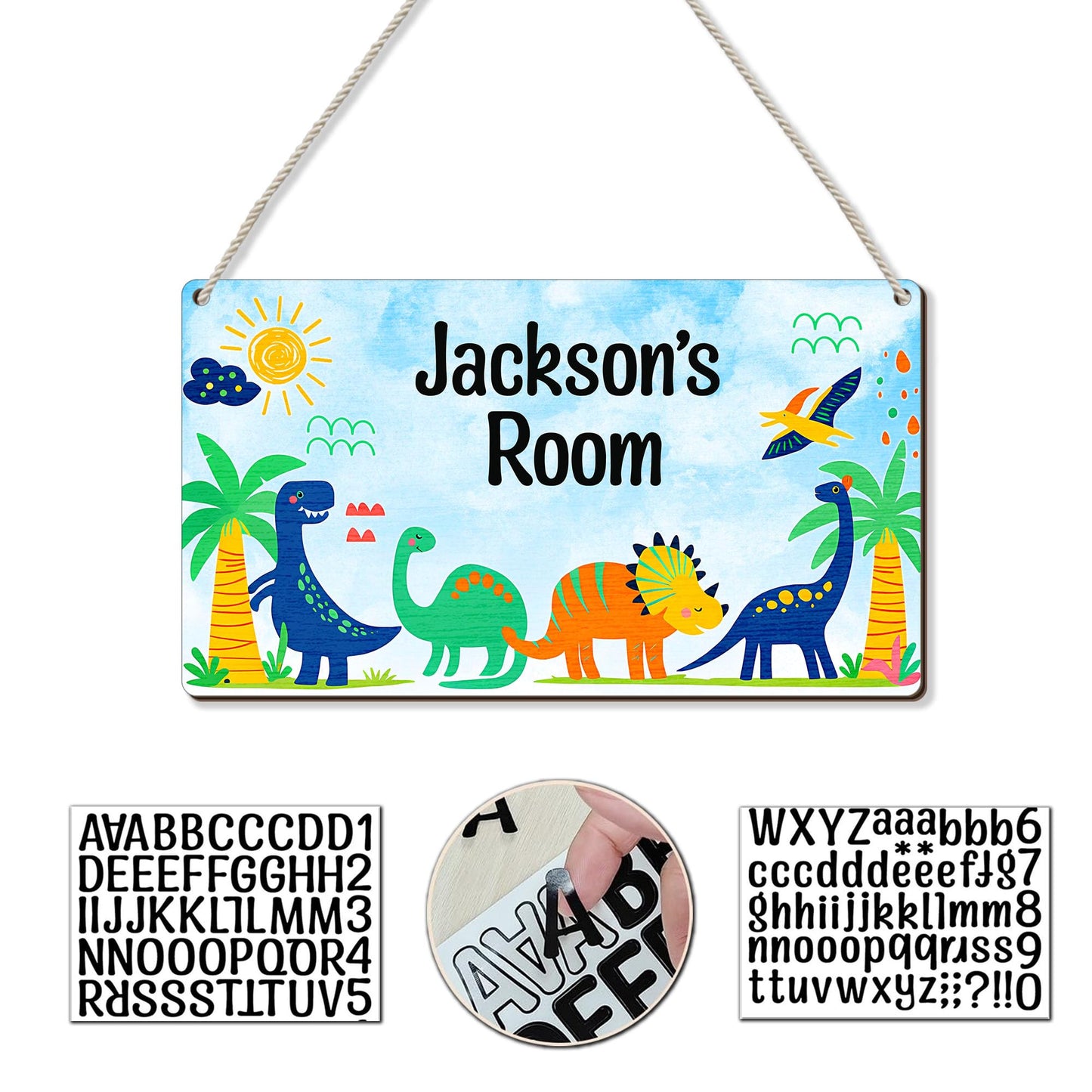 Personalized Hanging Dinosaur Wood Sign w/Alphabet Stickers, DIY Custom Kid's Name Door Sign Triceratop & Brontosaur Dinosaur, Baby Boys Bedroom Nursery Plaque Wall Art Decor Gifts From Mom Dad