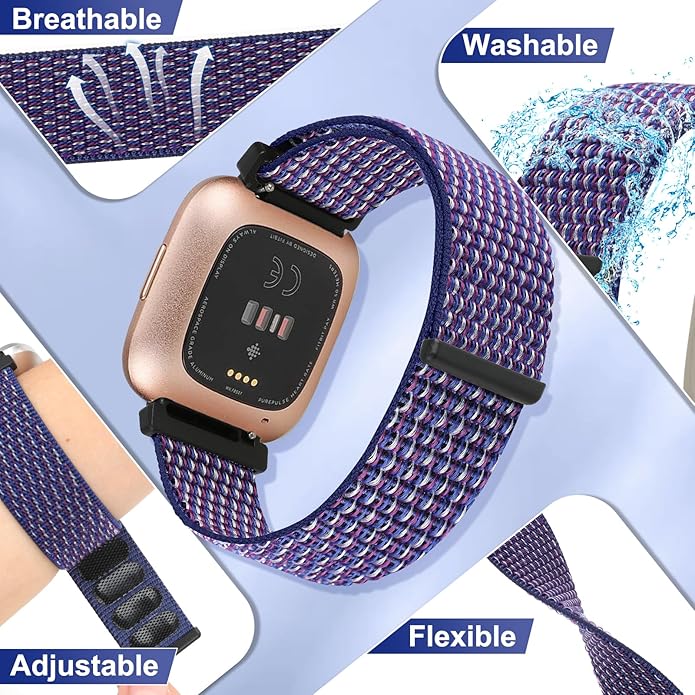 Tiptops 3 Pack Bands Compatible with Fitbit Versa 2/Fitbit Versa/Versa Lite/Versa SE for Women Men, Soft Nylon Sports Loop Replacement Wristband for Fitbit Versa 2 Straps