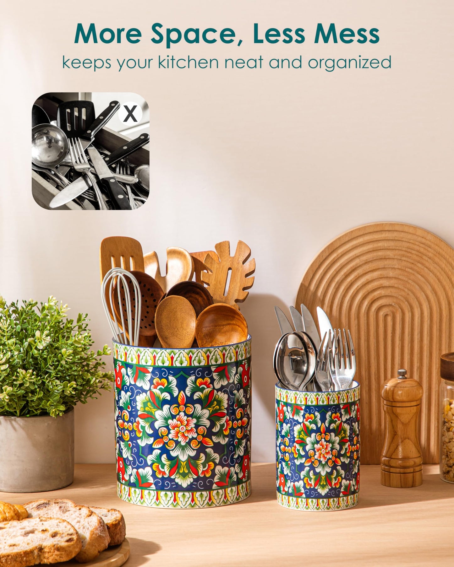 vancasso SIMI Utensil Holder, 7.3"+5.5" Porcelain Kitchen Utensil Holder for Countertop, Bohemian Kitchen Utensil Organizer for Spatulas, Spoons, Decorative Counter Utensil Crock, Verdant Jewel