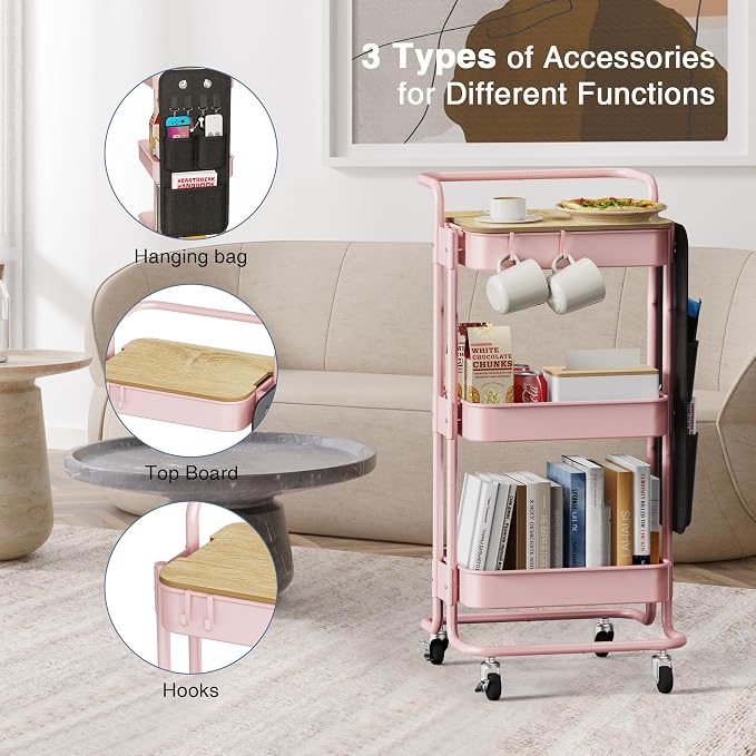 DTK 3-Tier Metal Utility Rolling Cart with Table Top and Side Bags, Art Craft Cart with 4 Hooks for Kitchen, Bathroom, Office, Living Room (Pink)