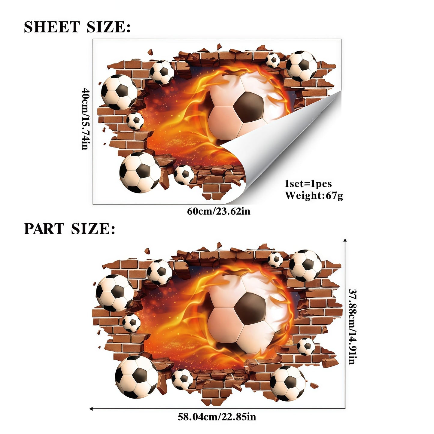 Soccer Wall Decals, 3D Breakthrough Football Wall Stickers, World Cup 2026 Decor, Removable PVC Wall Art, Bedroom Living Room Game Room, Sports Fans Party Supplies (Fire Multi Ball Soccer Wall Decal)