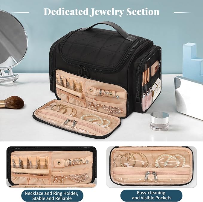 Large Makeup Bag with Jewelry Organizer, Travel Toiletry Bag for Women Girls with Makeup Brush Compartment & Two Side Pockets - XL Black