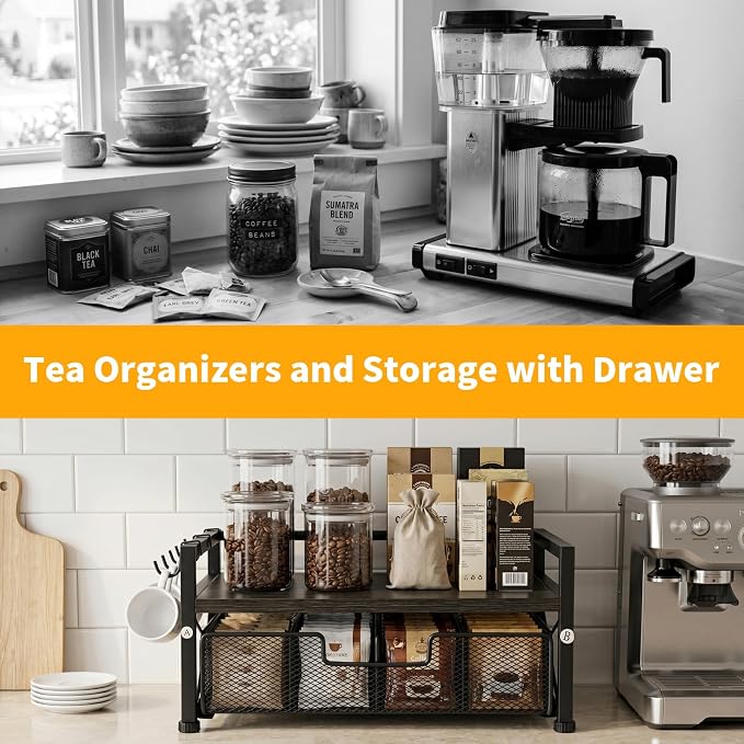 Tea Bag Organizer, Teabag Holder with Storage Drawer, Wood Tea Organizers and Storage Chest, Tea Station Chest Display Container Box for Countertop Kitchen (Grey)